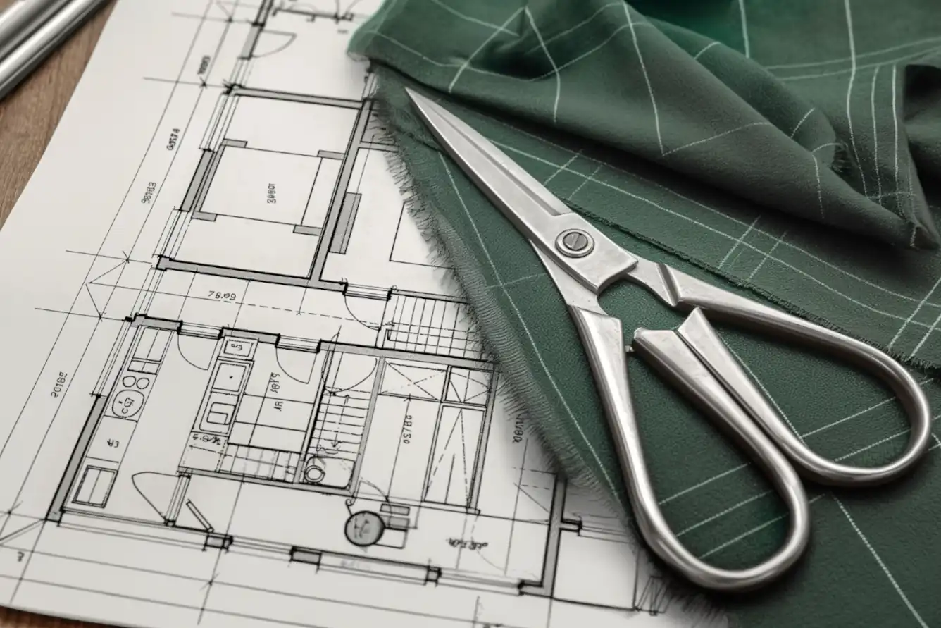 fabric and scissors next to architectural drawings