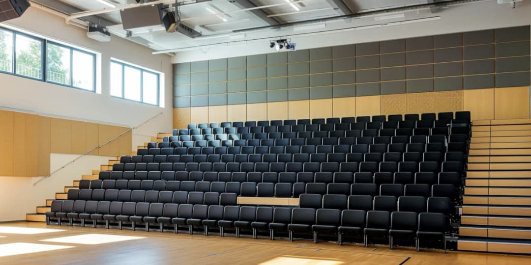 large bright sports hall with tiered seating for crowds and grey fabric acoustic wall panels