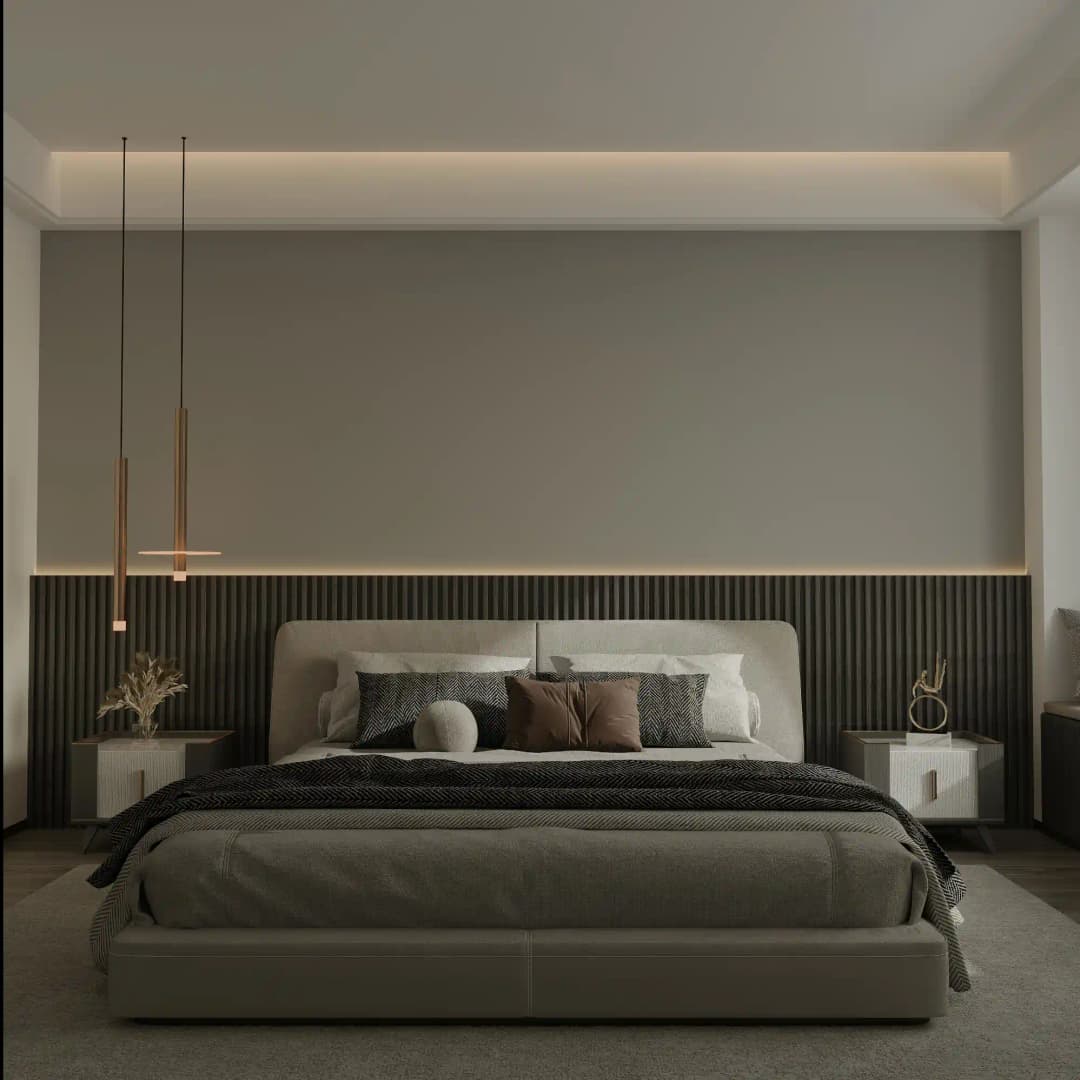 acoustic slatted panels installed behind a king-size bed to form a decorative band with recessed LED lighting