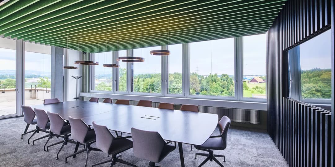 meeting room with windows on two sides and a large 12 seater table has green linear acoustic baffles suspended from the ceiling