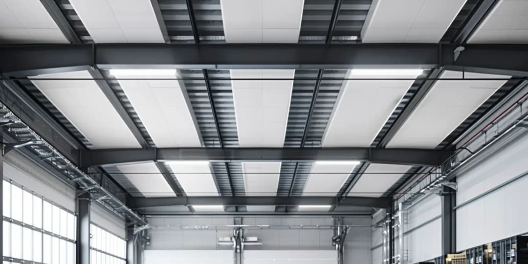 Large industrial warehouse with acoustic treatment installed on the ceiling