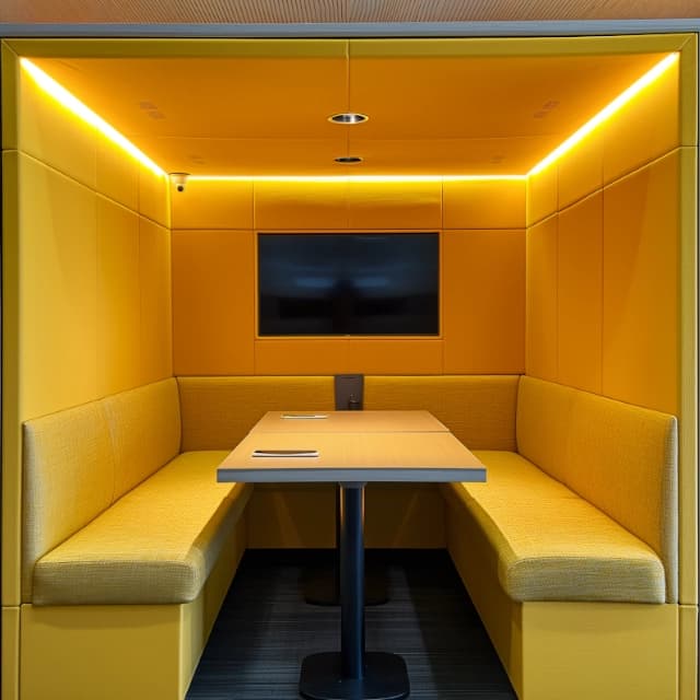 enclosed booth seating area for informal meetings, comfortable seating around a small table and fabric acoustic panelling on the walls
