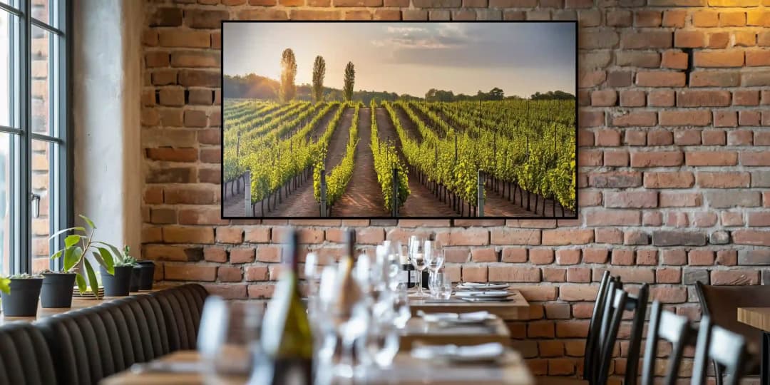 Mediterranean looking restaurant, with exposed brick wall and a acoustic panel on the wall showing high resolution image of a vineyard