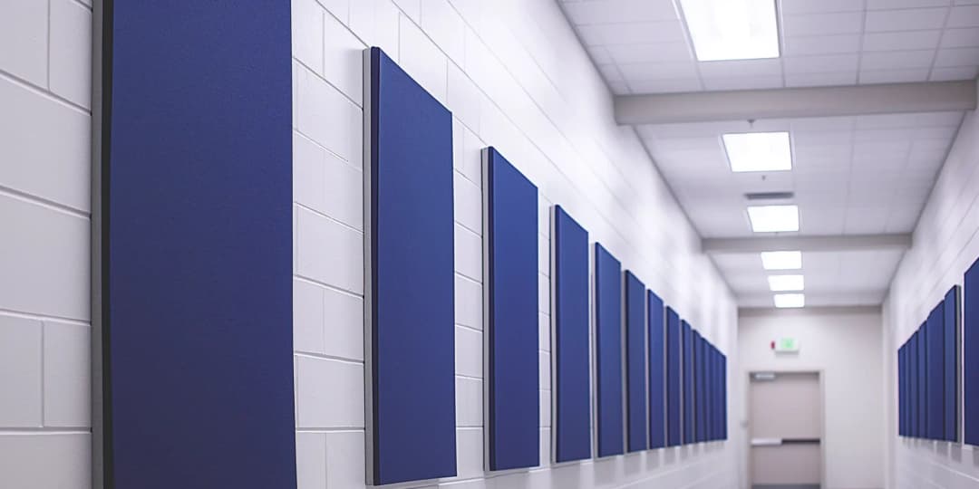 leisure centre swimming pool corridor with vinyl flooring and white block walls. On the walls are rectangular blue fabric wrapped acoustic panels spaced evenly