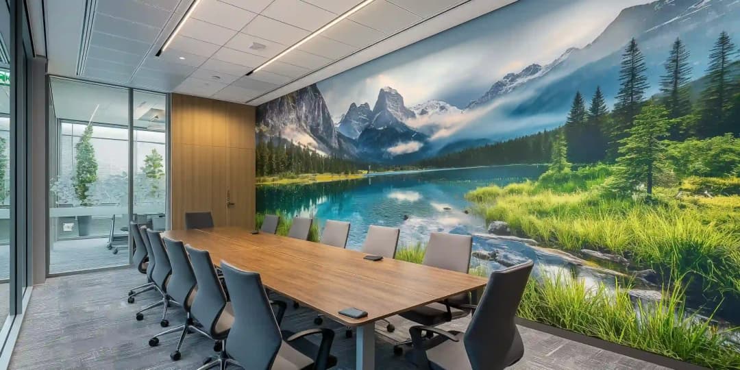 corporate conference room with meeting table and printed acoustic wall panelling of the alps in summer across entire wall