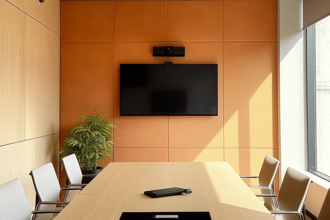 meeting room with video conferencing equipment and orange stretched fabric acoustic wall panelling
