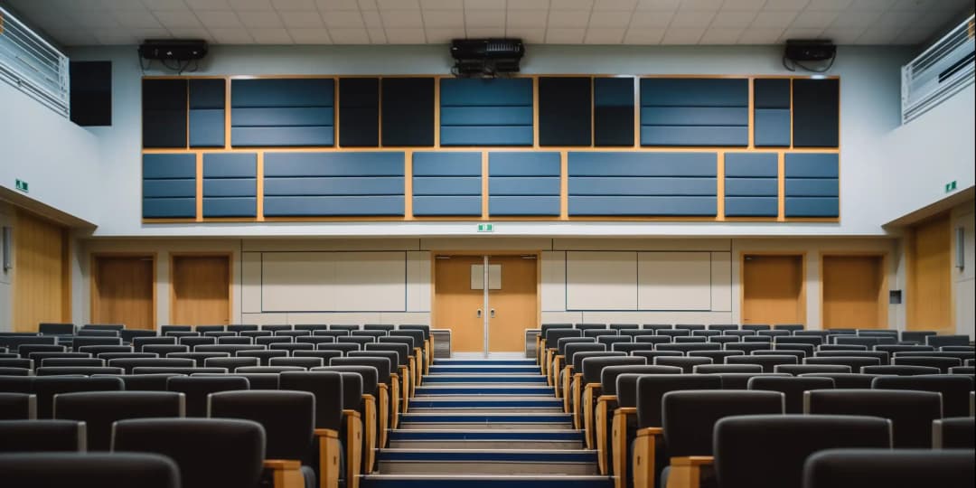on stage looking back at seats in a small theatre/auditorium. on the back wall are fire doors and blue acoustic panelling